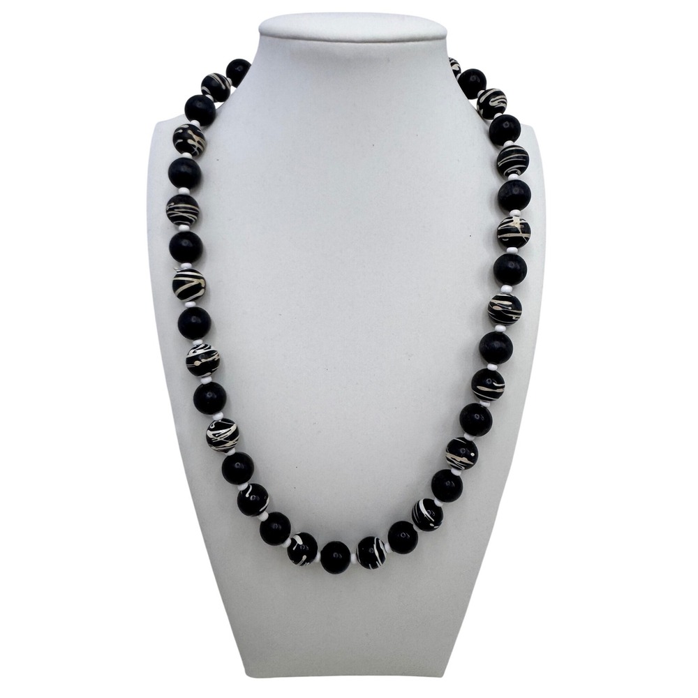 Chunky Black White Swirl Wooden Shell Bead Necklace Hippie Boho Surf Beach